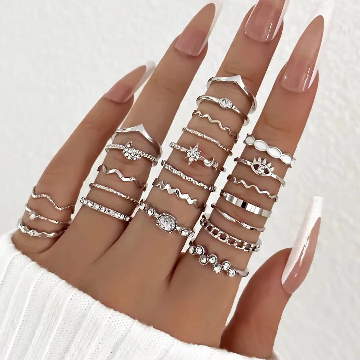 23PCS Fashion Luxury Shiny Zircon Wave Multi-Element Design Women's Ring Set, Suitable or Women's Daily Wear Rings
