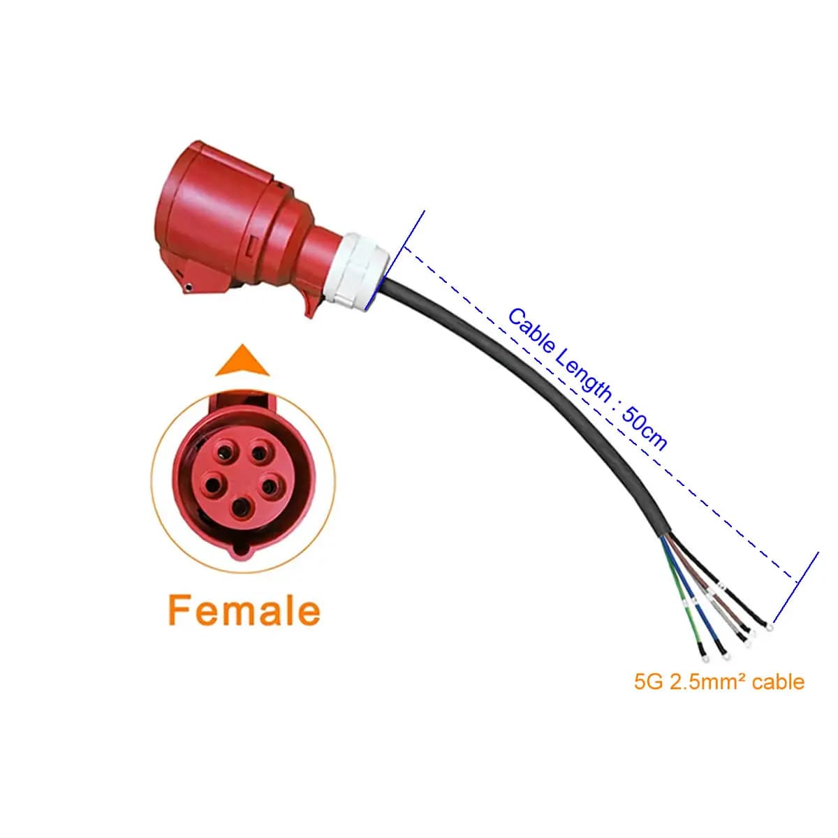 Female 3 Steps 16A 5G 2.5mm 2 EV Cable Red Charging Adapter for 11KW Electric Vehicle Charger