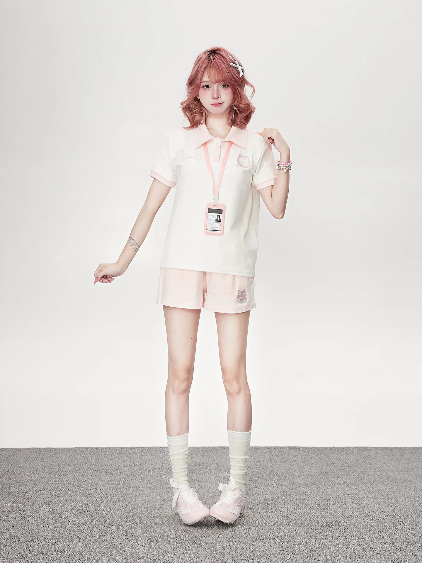 Casual American College Style Pink Short Sleeve Neck T-Shirt And Shorts Uniform Set for Women Summer Leisure Student Uni...