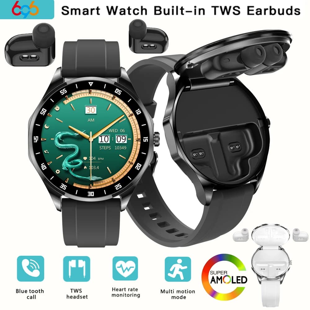 Nuove cuffie TWS con riduzione del rumore 2 in 1, smartwatch con NFC, chiamate Bluetooth, cardiofrequenzimetro, impermeabili, per lo sport.