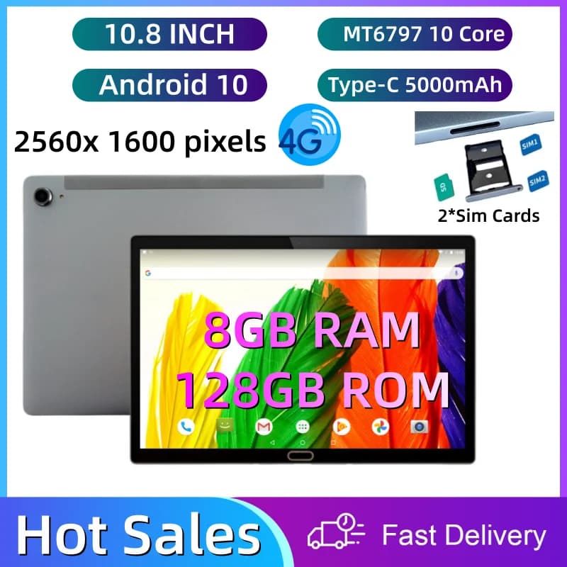 2560x1600 Pixels 10.8 INCH Android 10 Tablet Supports 2G\3G\4G Calls 8GB RAM 128GB ROM MT6797 10-Core Dual Camears 1*Sim Cards