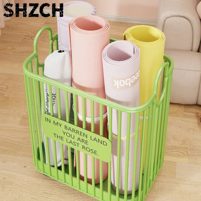 Minimalist Iron Storage Basket Large Capacity Deep Organizer Mobile Rack for Sports Equipment and Yoga Mat Home Storage