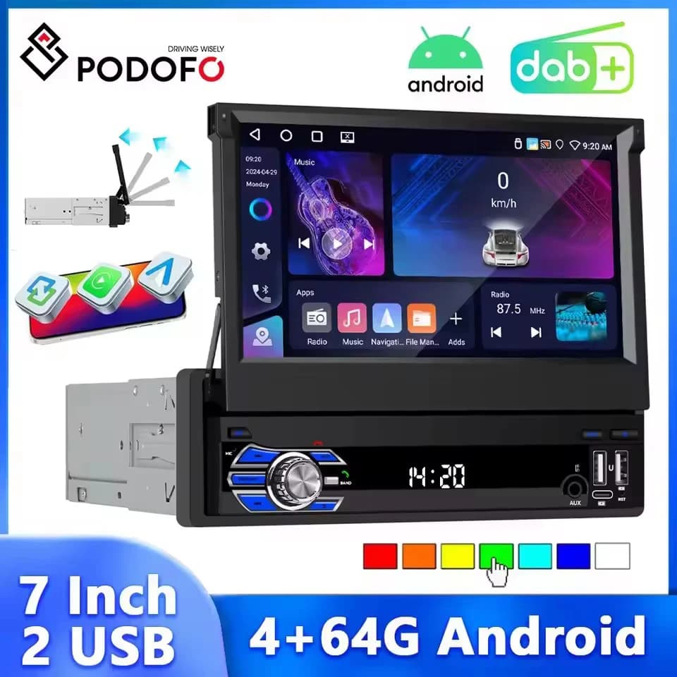 Podofo 1Din Android Autoradio 4 + 64G Schermo Retrattile Carplay Android Auto Dual USB/Type-C GPS WIFI Bluetooth Lettore Multimediale