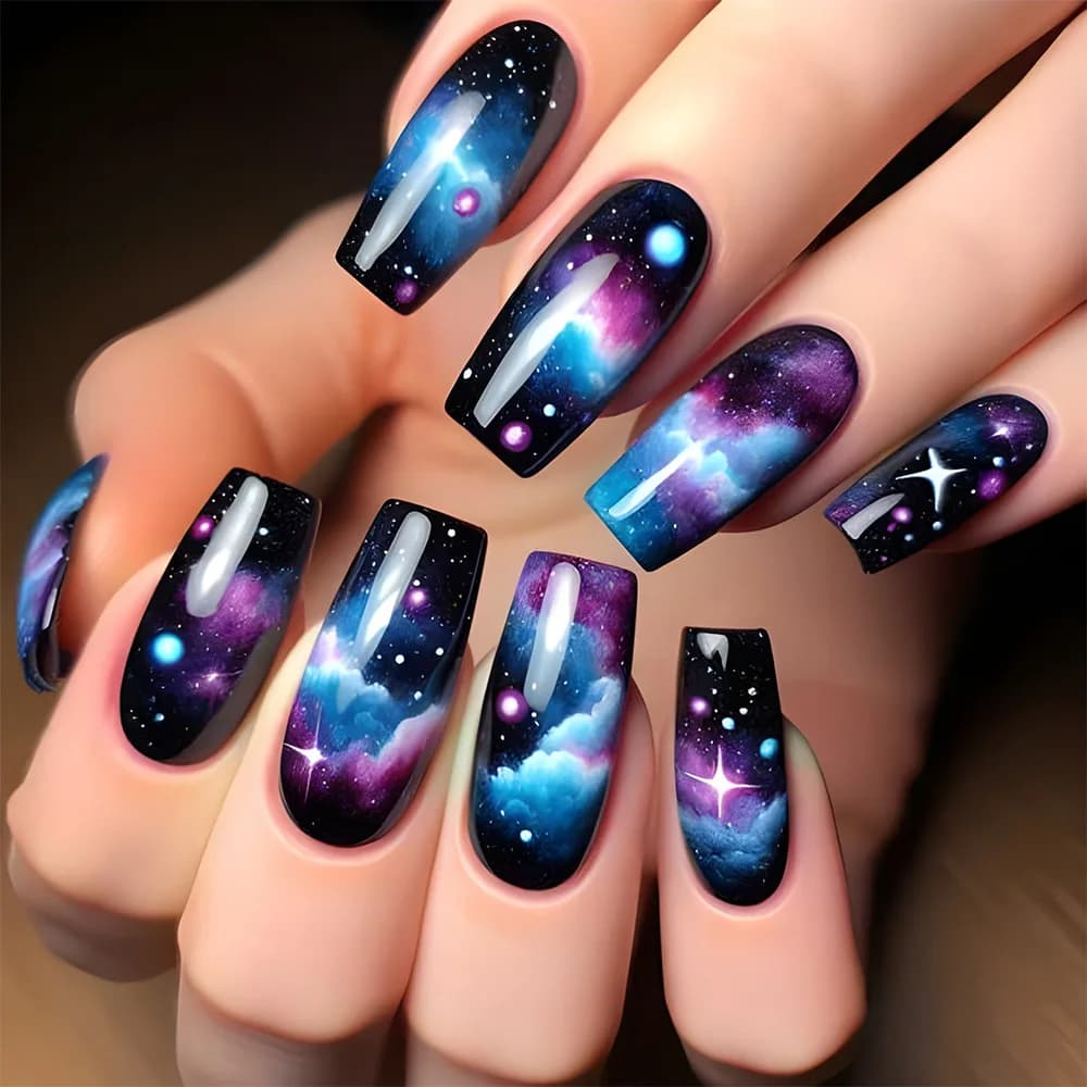 Nuovo Set 2026 di 24 Pezzi per Nail Art con Gradiente Sogno - Patch per Unghie Lunghe Trapezoidali Effetto Galassia
