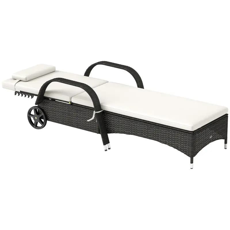 Sdraio da Esterno, Sedia a Sdraio in Rattan con Schienale Regolabile a 5 Livelli, Ruote, Cuscino e Poggiatesta, Colore Crema