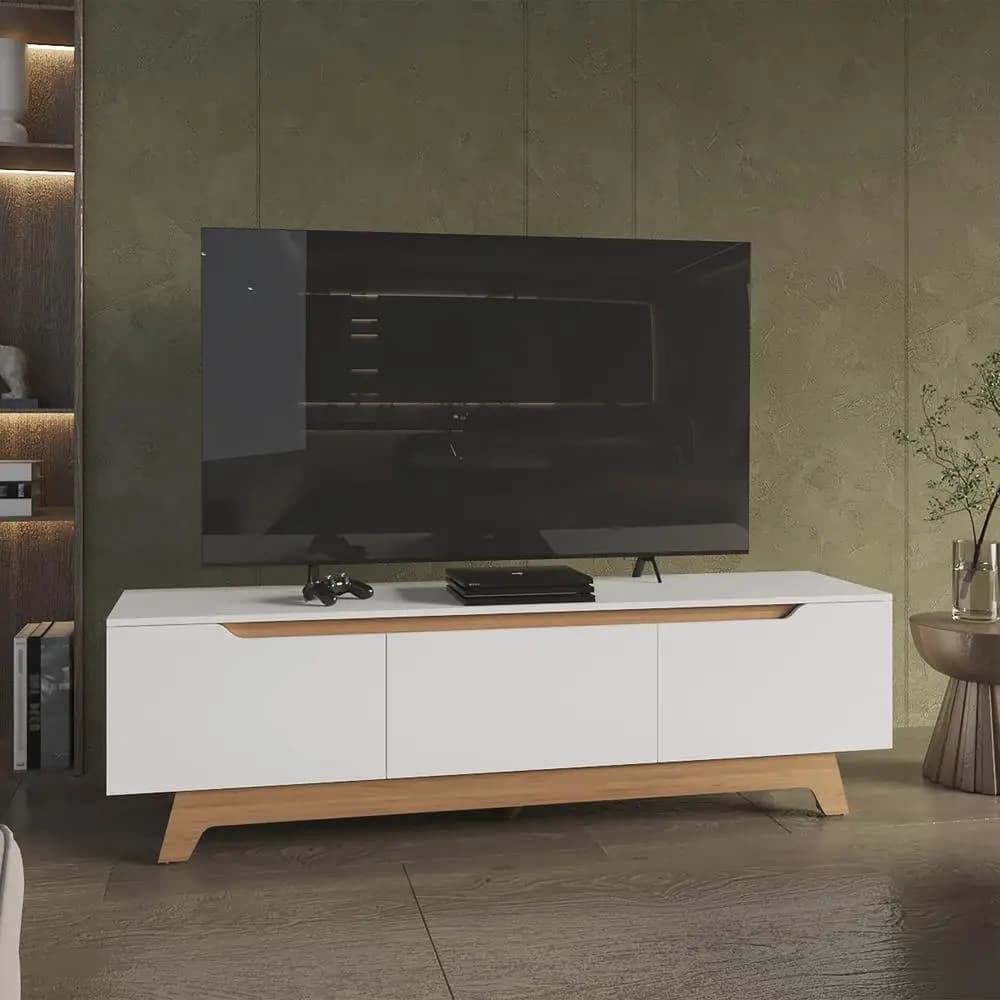 Supporto TV moderno Centro di intrattenimento per TV fino a 65 pollici Rovere bianco Armadietto portaoggetti a due ante Scaffali aperti Gestione dei cavi