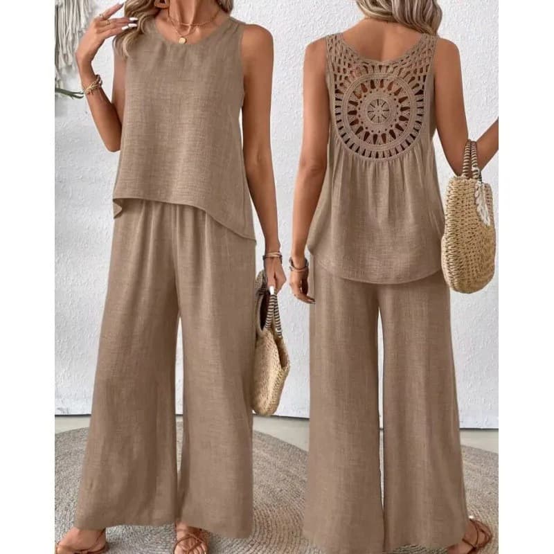 Primavera Estate Moda Solido Set a due pezzi 2024 Donna Casual Allentato Hollow Lace Top senza maniche Pantaloni a gamba larga Set a due pezzi Donna