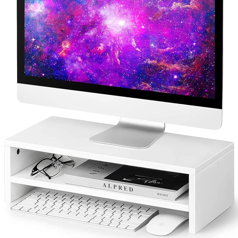 Supporto per Monitor Bianco da Scrivania, Scaffale a 2 Livelli in Legno per Schermo del Computer con Spazio di Archiviazione per Desktop/Laptop/Schermo/TV/PC