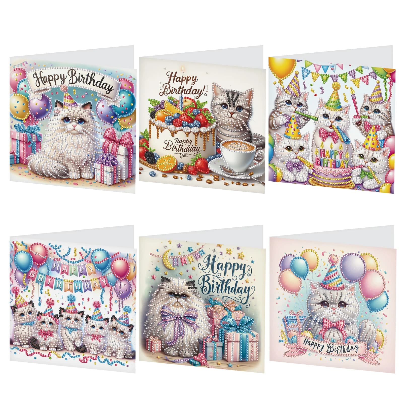 Kit di biglietti d'auguri per pittura artistica con diamanti da 6 pezzi, biglietti d'auguri per gatti di compleanno con buste Biglietti d'auguri per artigianato con diamanti