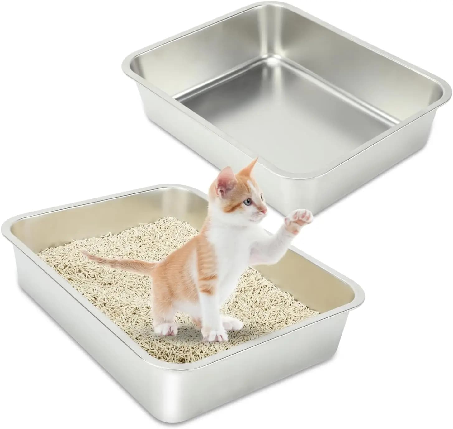 2 Confezioni di Lettiere per Gatti in Acciaio Inossidabile, Lettiere Metalliche con Schienale Alto, Lettiere Antiaderenti per Escrementi di Gatto, Facili da Pulire