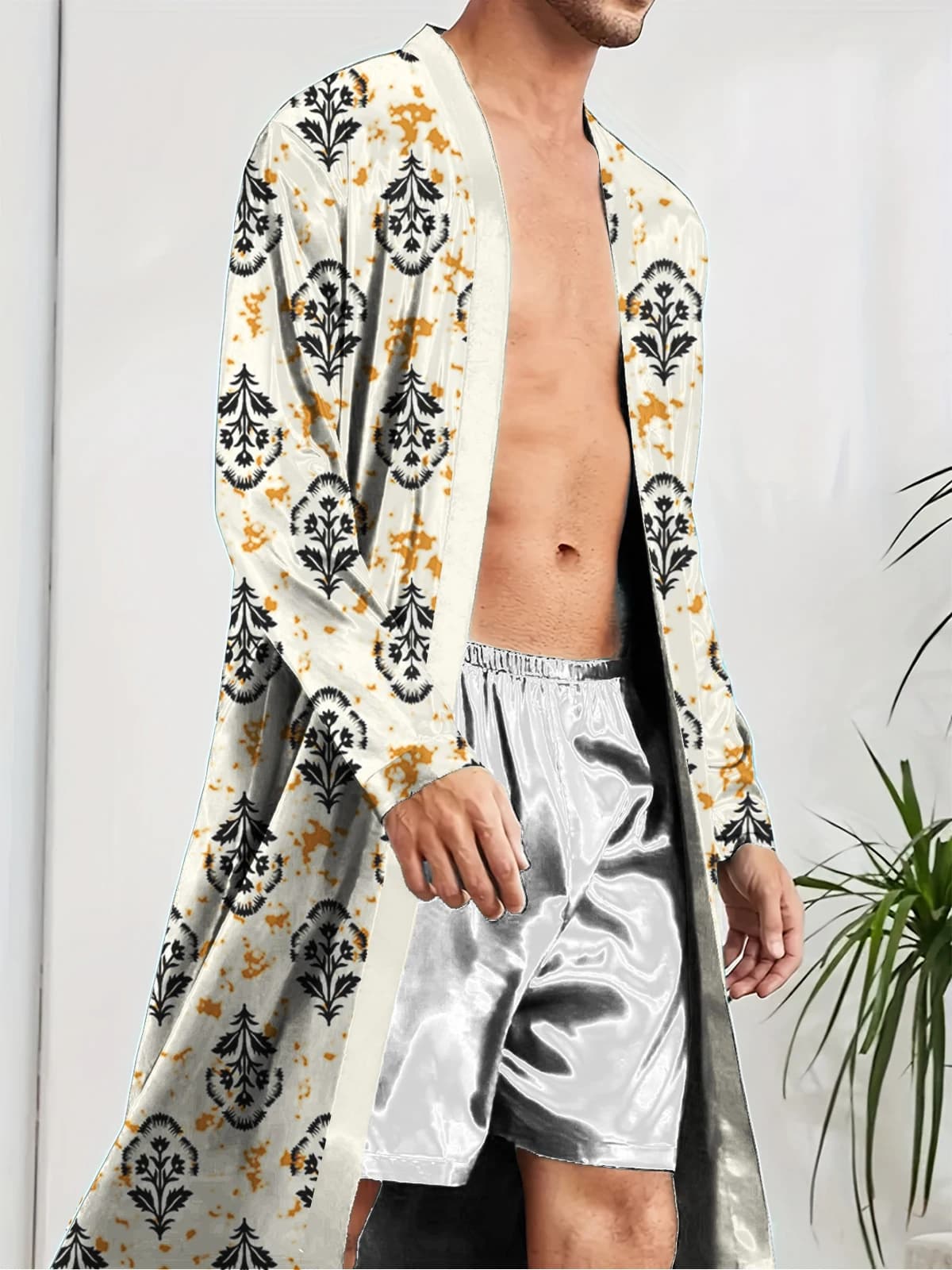 Funny long men's gown with fashionable digital print Nightwear, comfortable and casual bathrobe for spring and autumn, quick drying.