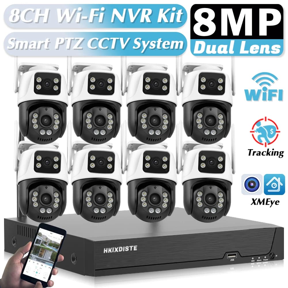 Smart 8CH Wifi Wireless NVR Kit ICSee Outdoor Wifi Security CCTV Cameras 8MP 4K Dual Lens Smart Surveillance CCTV System XMEye