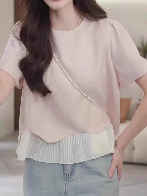 plus Size Korean Style Loose Short Sleeve T-Shirt Women's Summer Fashion Design Sensation Slimming Top with Lace Detail