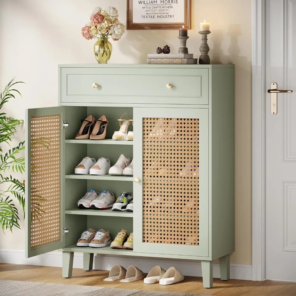 Scarpiera con ante e cassetto, mobile scarpiera moderno a 6 livelli in stile Boho con ripiani regolabili, scarpiera alta in rattan per ingresso, soggiorno, verde menta