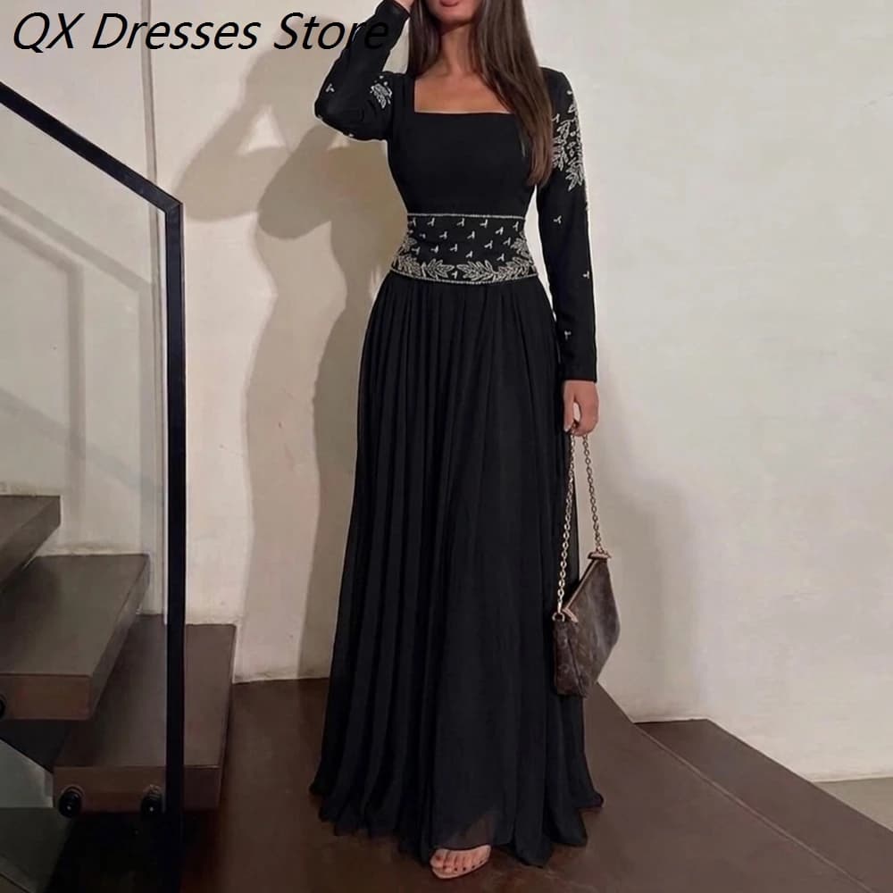 Abiti da sera da donna a trapezio, lunghi fino al pavimento, con scollo quadrato, maniche lunghe, per ballo di fine anno, alla moda, con perline e paillettes, personalizzabili