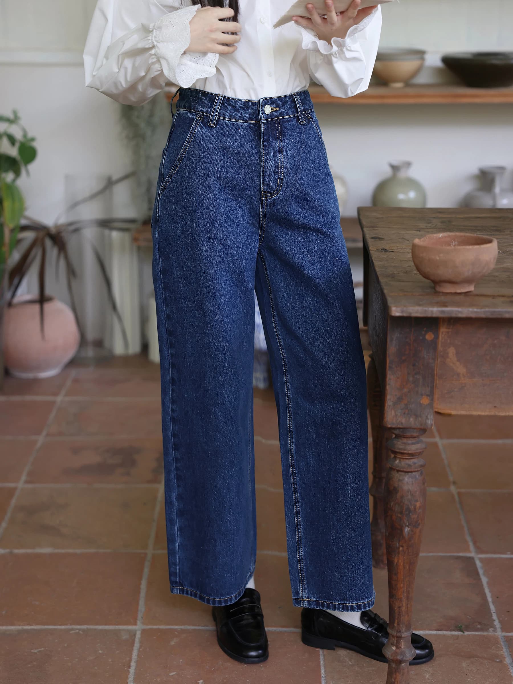 Jeans MUNNS Vintage Blu in Cotone a Vita Alta, Gamba Dritta, Lavati, Pantaloni Casual da Donna, Comodi e Modellanti
