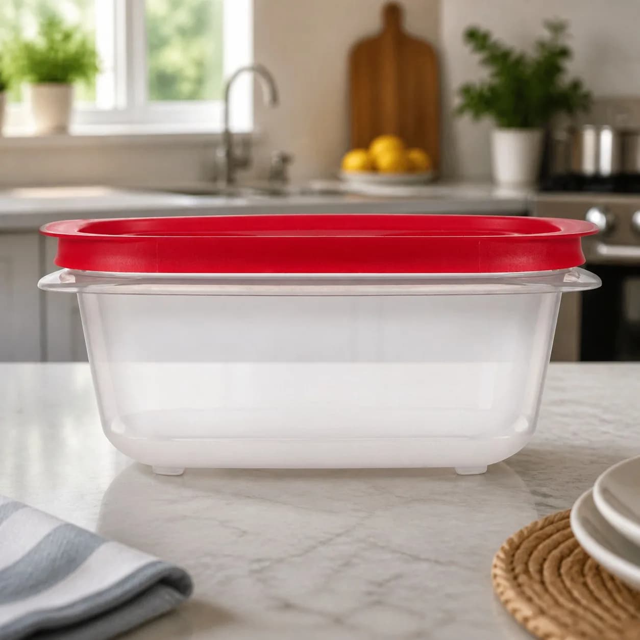 Red Rectangular Food Storage Container With Easy Store Lid For Kitchen Meal Prep, Durable Leftover Organizer