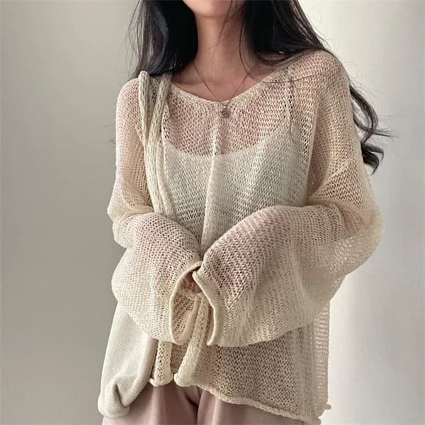 Women Hollow Out Pullovers Jumpers Solid Knitted Sweaters Round Collar Long Sleeves Loose Office Lady Elegant Casual Summer 2026