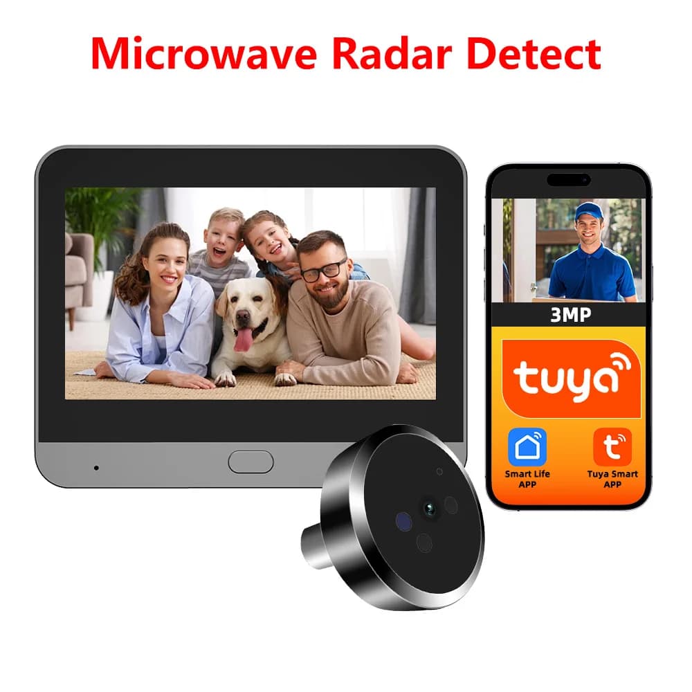 Radar a microonde Rilevamento movimento Tuya SmartLife 3MP WiFi Mini spioncino digitale Cat Eye Viewer Visione notturna IR Campanello Telecamera per porta