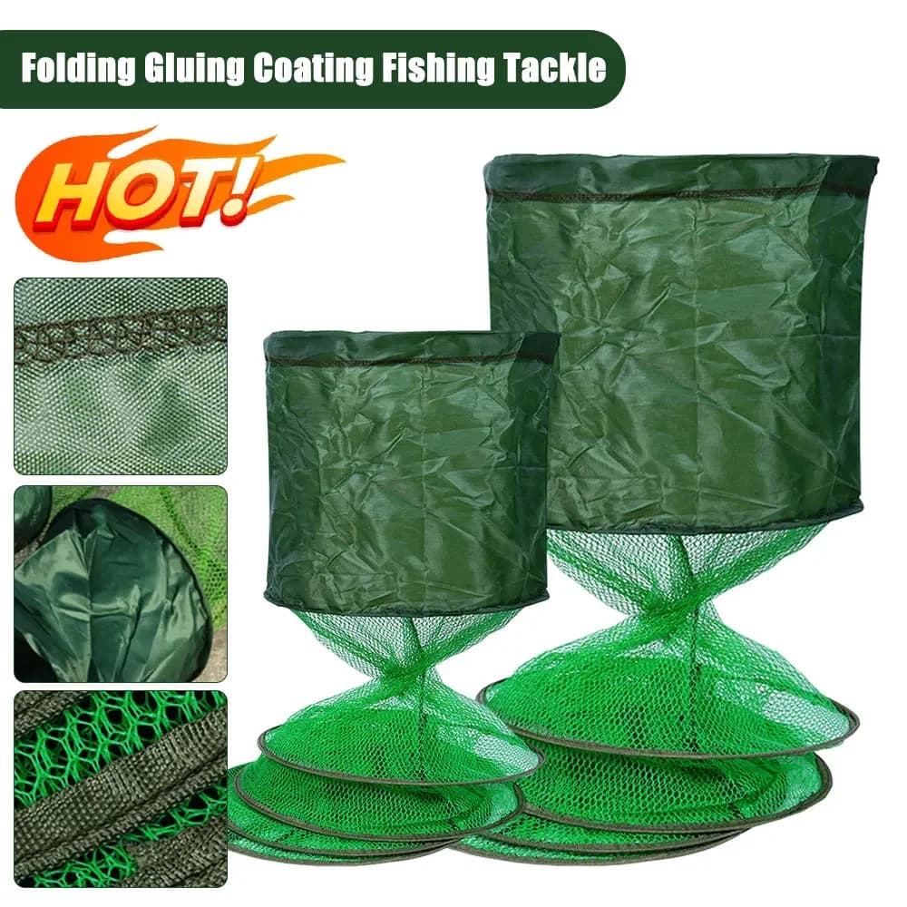 Rete da pesca in nylon Rete pieghevole per pesci Cestino per pesci vivi Trappola per pesci Rete da incollaggio impermeabile Rivestimento SUS Anello Gabbia Accessori per la pesca