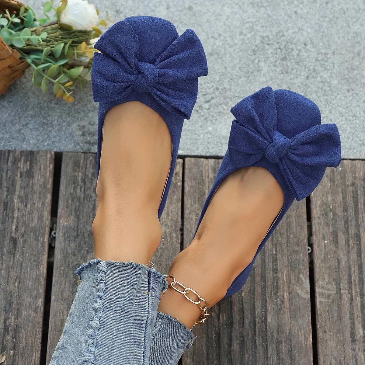 Scarpe basse da donna eleganti con punta quadrata in stile francese, scarpe slip-on eleganti dal taglio basso impreziosite da fiocco per donna