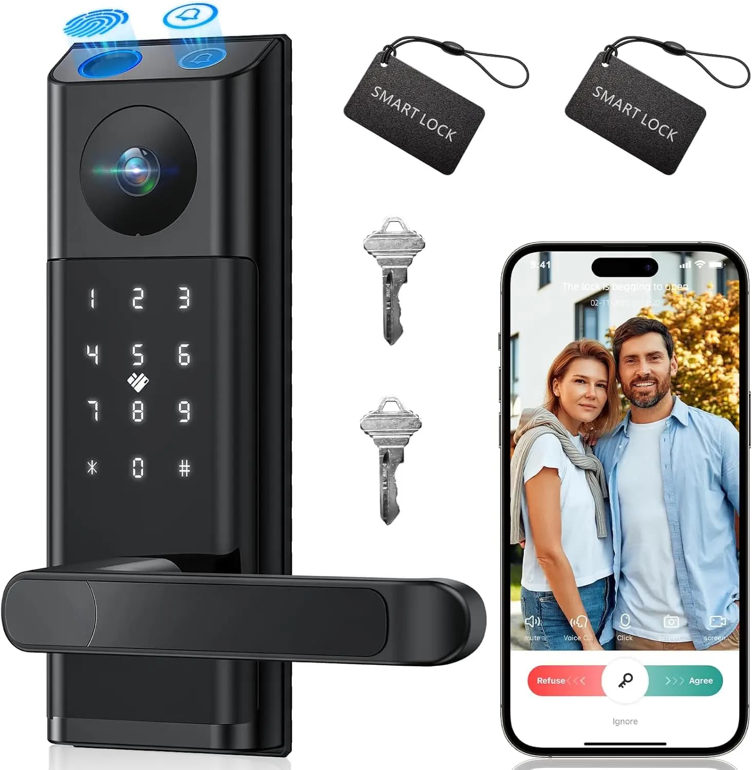 Serratura Intelligente 5-in-1 con Telecamera e Campanello, Controllo App con Impronta Digitale e Tastiera, Chiusura Automatica per Porta d'Ingresso