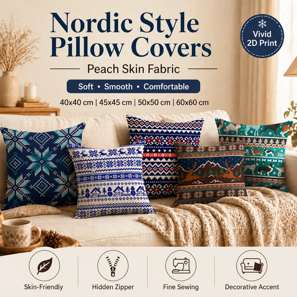 Nordic Style Geometric Pillow Cover 2D Flat Printed Faux Knit Cushion Covers Winter Reindeer Sofa Throw Pillowcase Home Decor