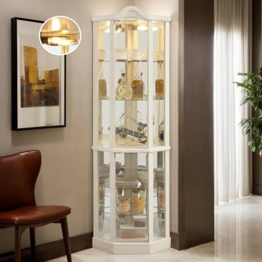 Bar and liquor storage: tempered glass curio cabinet with light bulb, 72 H, 6 adjustable shelves, corner wine cabinet in black