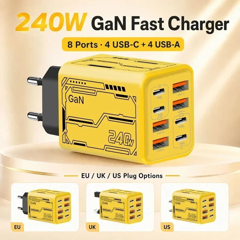 240W 8‑in‑1 GaN Fast Charging Charger Adapter PD Desktop Charger 4Type-C 4USB 8‑Ports Power Wall Adapter For Phone EU US UK Plug