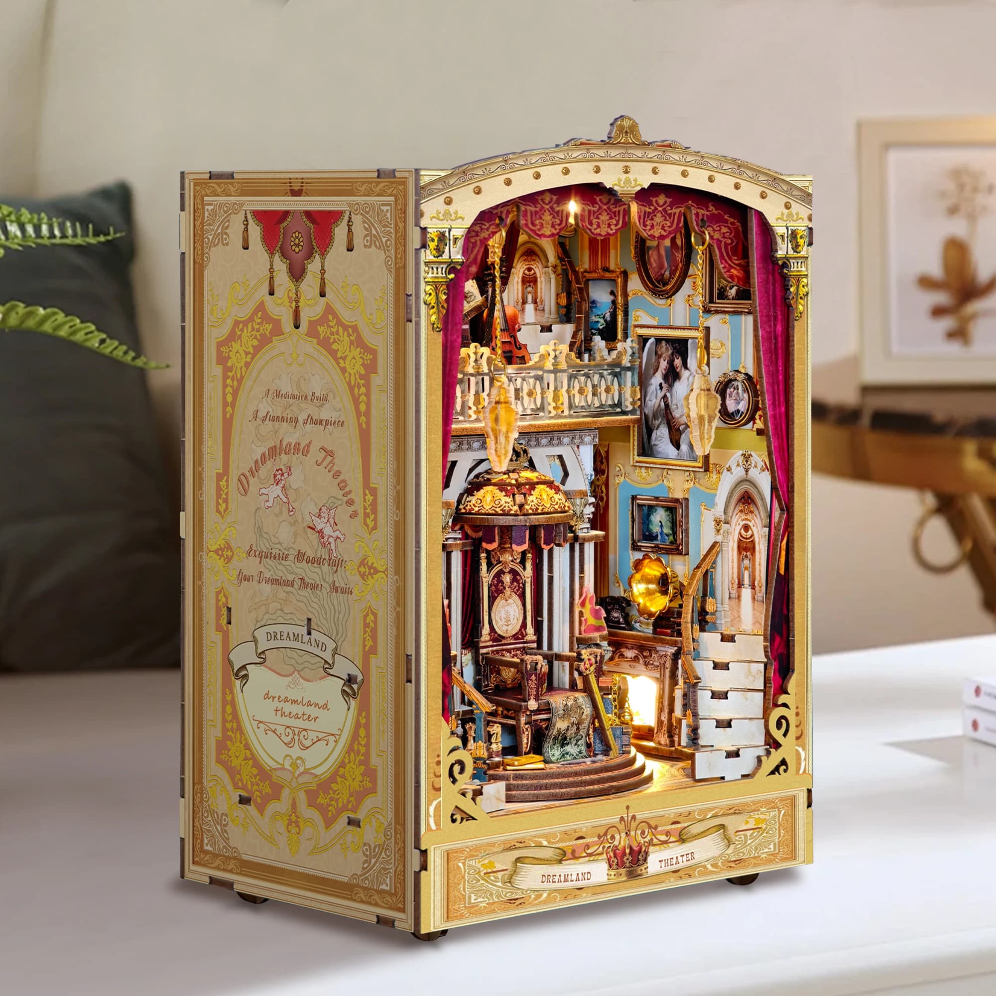 Nook per libri fai-da-te Kit modello in miniatura in legno Dreamland Teater Fermalibri Puzzle 3D con libreria leggera per regali di compleanno di amici