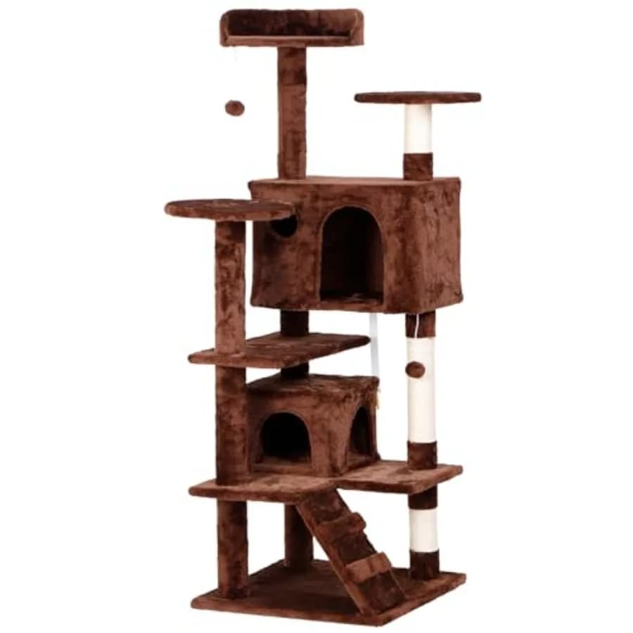 53 Inch Cat Tree with Sisal-Covered Scratching Posts and 2 Plush Rooms Cat Furniture for Kittens