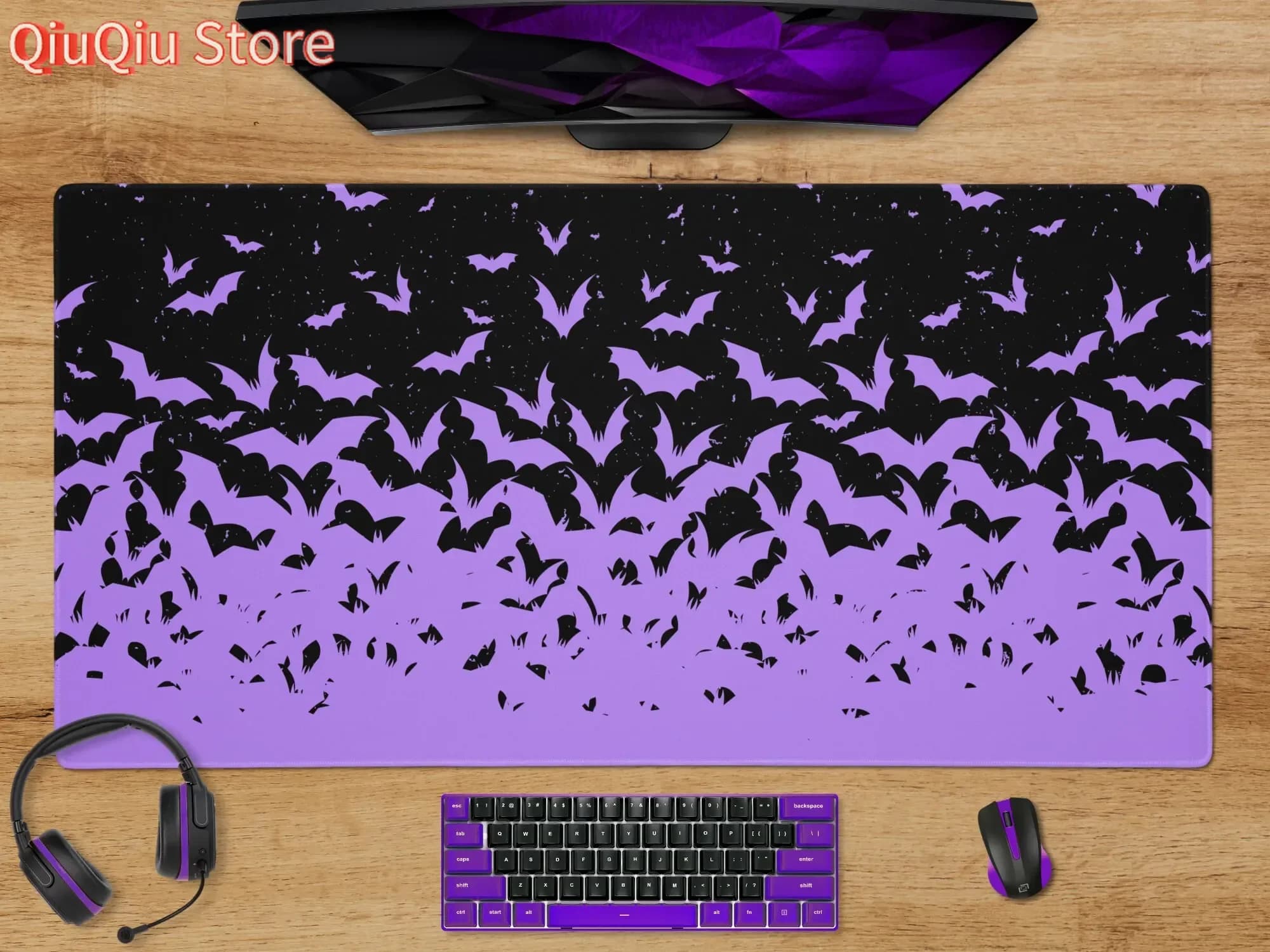 Pipistrelli Tappetino da scrivania Halloween Tappetino per mouse grande da gioco viola Accessori per tastiera XXL Tappetino per mouse Tappetino per mouse in gomma Kawaii Gamer 900x400