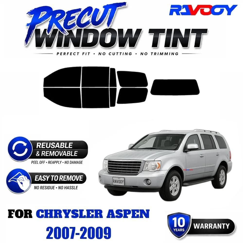 RAVOOY Precut Window Tint, Reusable Removable EPU Film, Custom Fit for Chrysler Aspen 2007-2009, UV Heat Protection