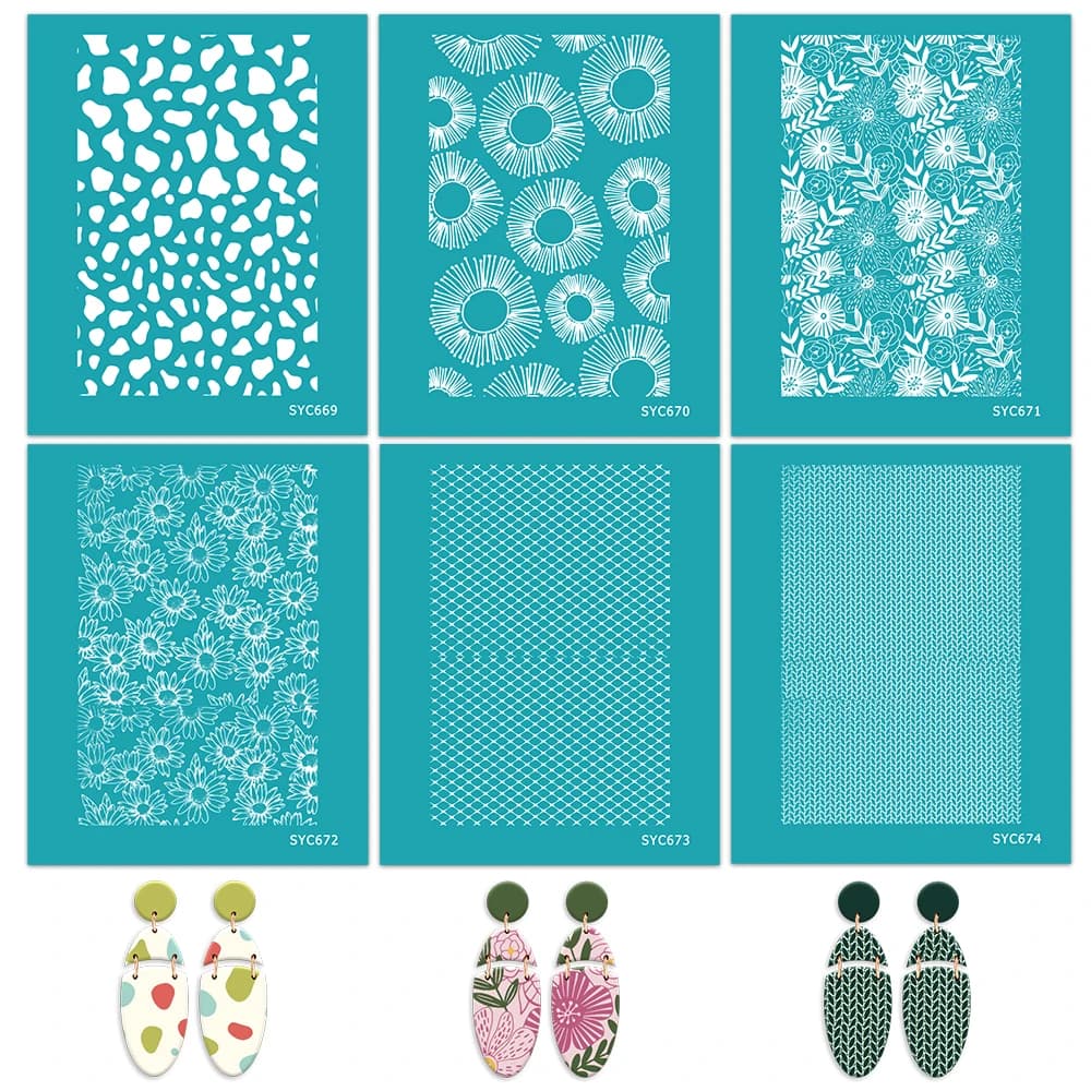 6 Stili di Stencil Floreali Boho per Serigrafia su Argilla Polimerica, Strumenti Riutilizzabili per Trasferimento di Stampe Leopardate/Lavorate a Maglia per Orecchini Fai-da-Te
