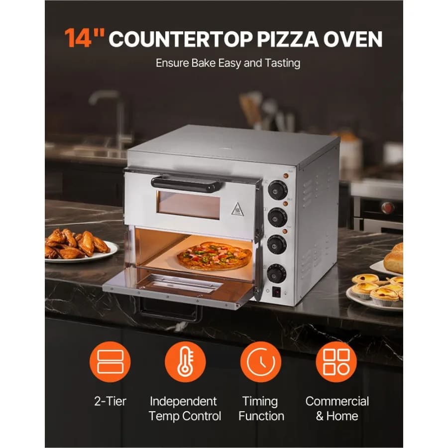 Forno Elettrico Professionale da Banco per Pizza, 14 Pollici, Doppio Strato, in Acciaio Inossidabile, con Pietra Refrattaria e Maniglia, Multiuso