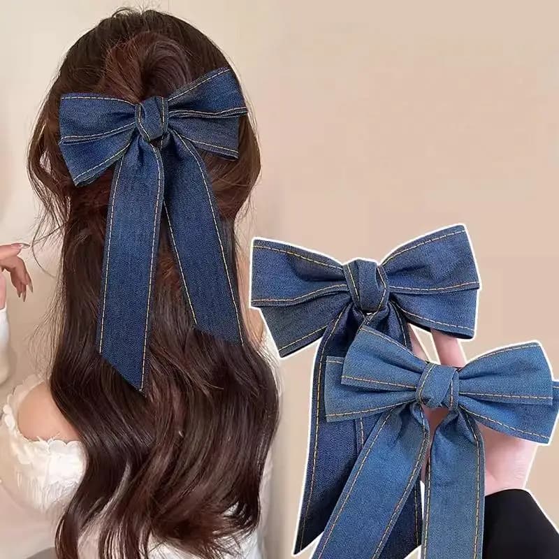 Fermagli per capelli alla moda in denim blu con fiocco a nastro per donna e ragazza, eleganti e dolci, per coda di cavallo, fermagli a becco d'anatra, accessori per capelli, idea regalo
