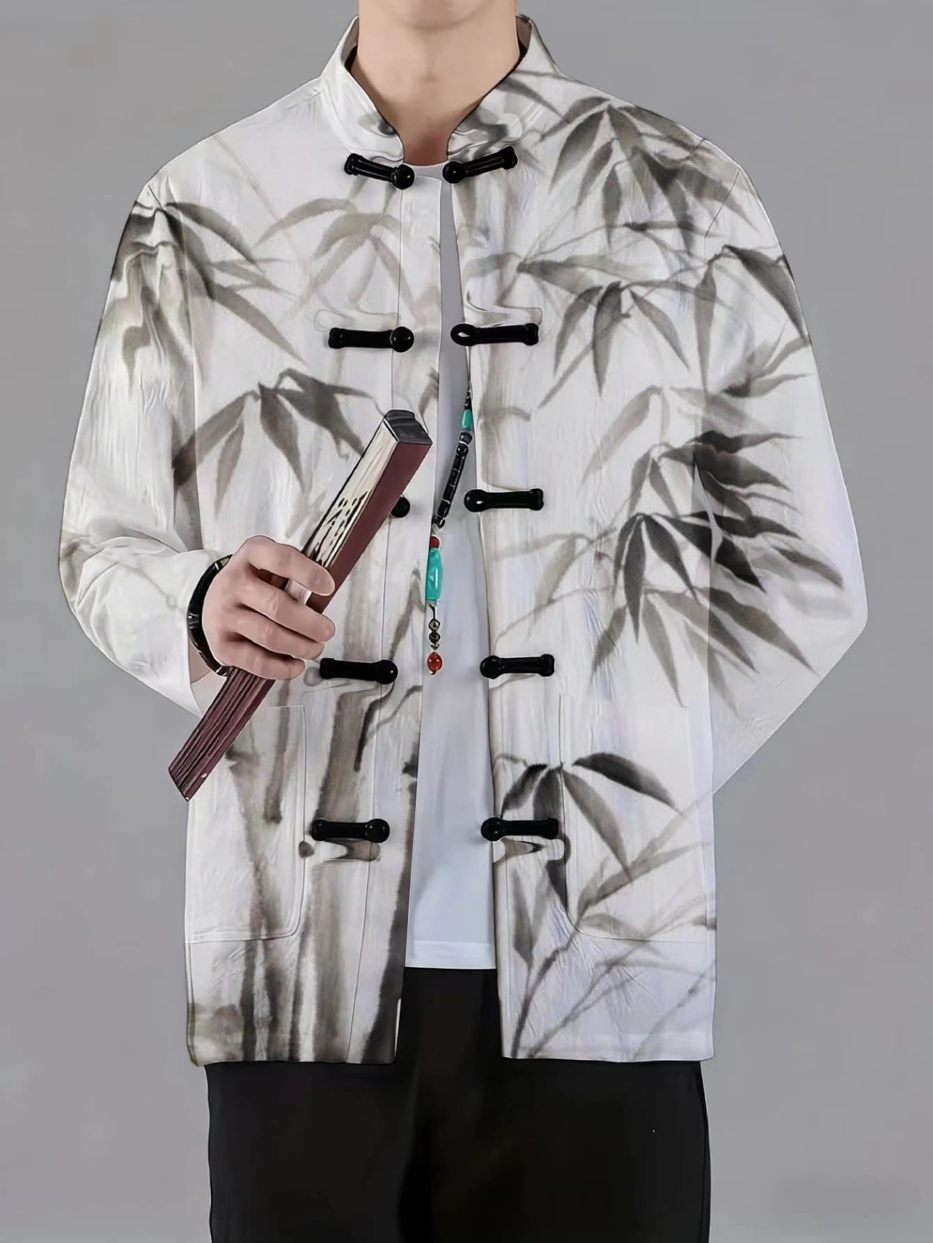 Men Mandarin Collar Frog Button Jacket Bamboo Leaf Art Pattern Traditional Outerwear