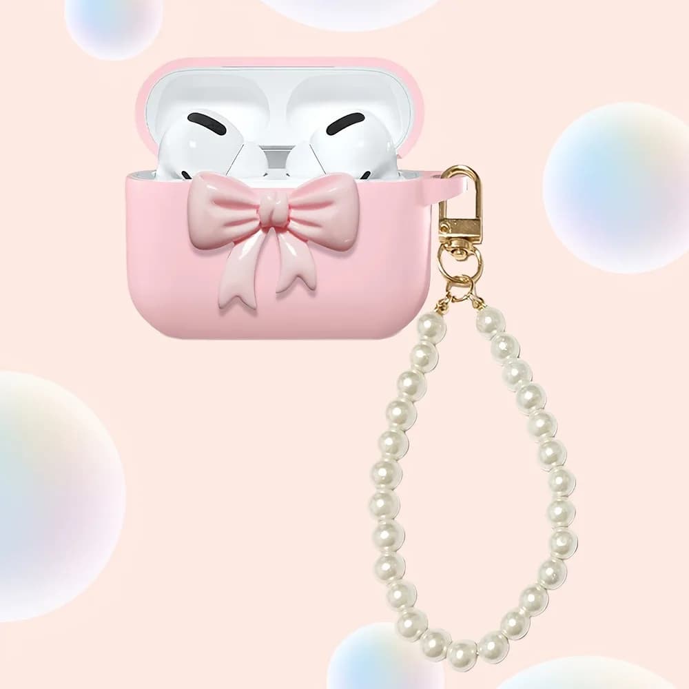 Custodia Protettiva in Silicone a Forma di Fiocco Carina e Creativa per Auricolari Airpods 4/3/2/1 e Airpods Pro3/Pro2/Pro con Portachiavi a Perla