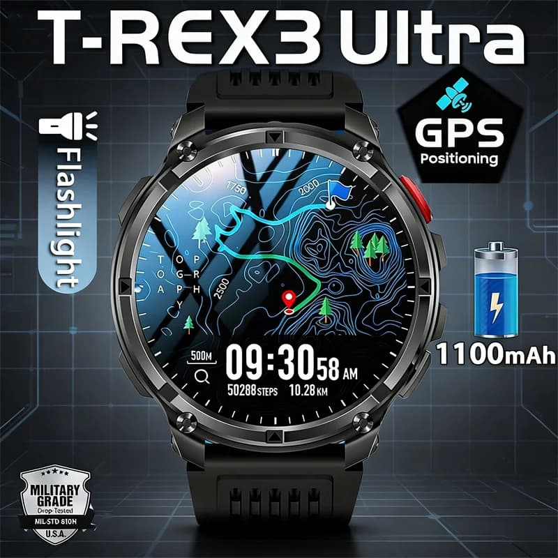 Nuovo Smartwatch T-Rex3 Ultra 2026 per Sport all'Aperto con GPS, Bussola, Batteria da 1100mAh, Impermeabile IP69K, Chiamate Bluetooth