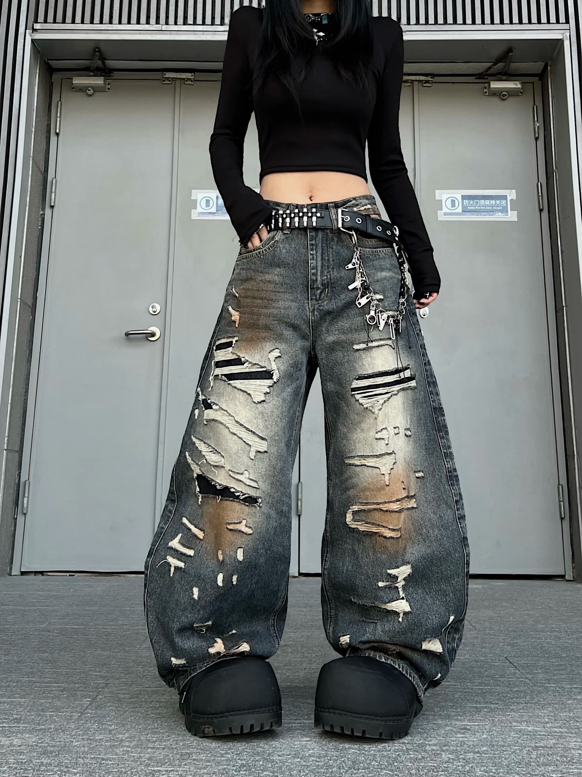 Jeans Strappati Stile Street con Taglio Largo, Pantaloni Comodi in Denim Blu per Uomini Giovani