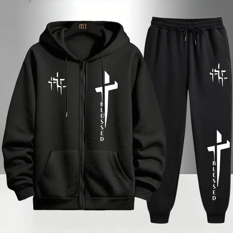 Cross Blessed Print Tracksuit for Men Zipper Hooded Sweatshirt and Black Sweatpants Urban Causal Fashion Hoodies Outerwear Sets