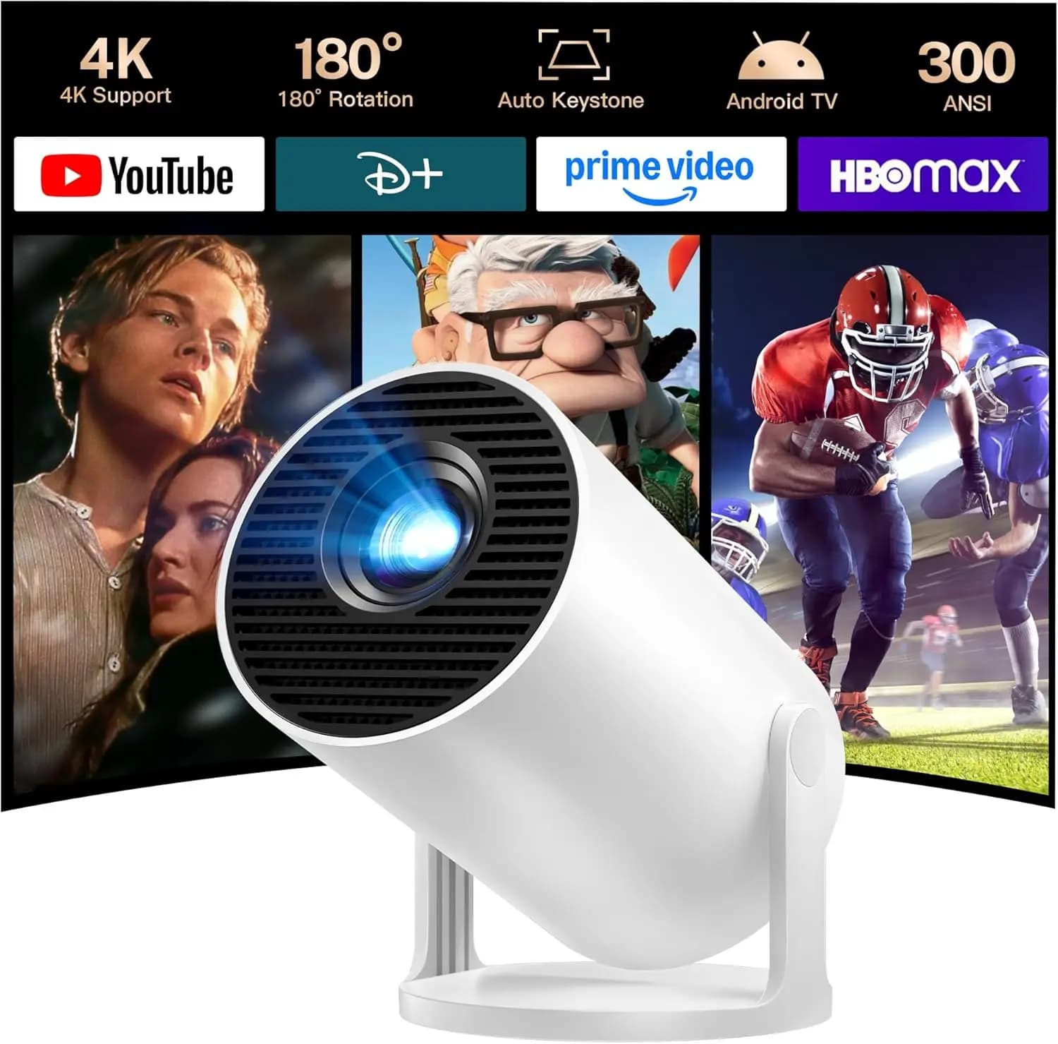 Mini Proiettore Android 14 OS 1080P WiFi 6 Bluetooth 5.4 con Correzione Automatica Keystone per Camera da Letto Netflix YouTube
