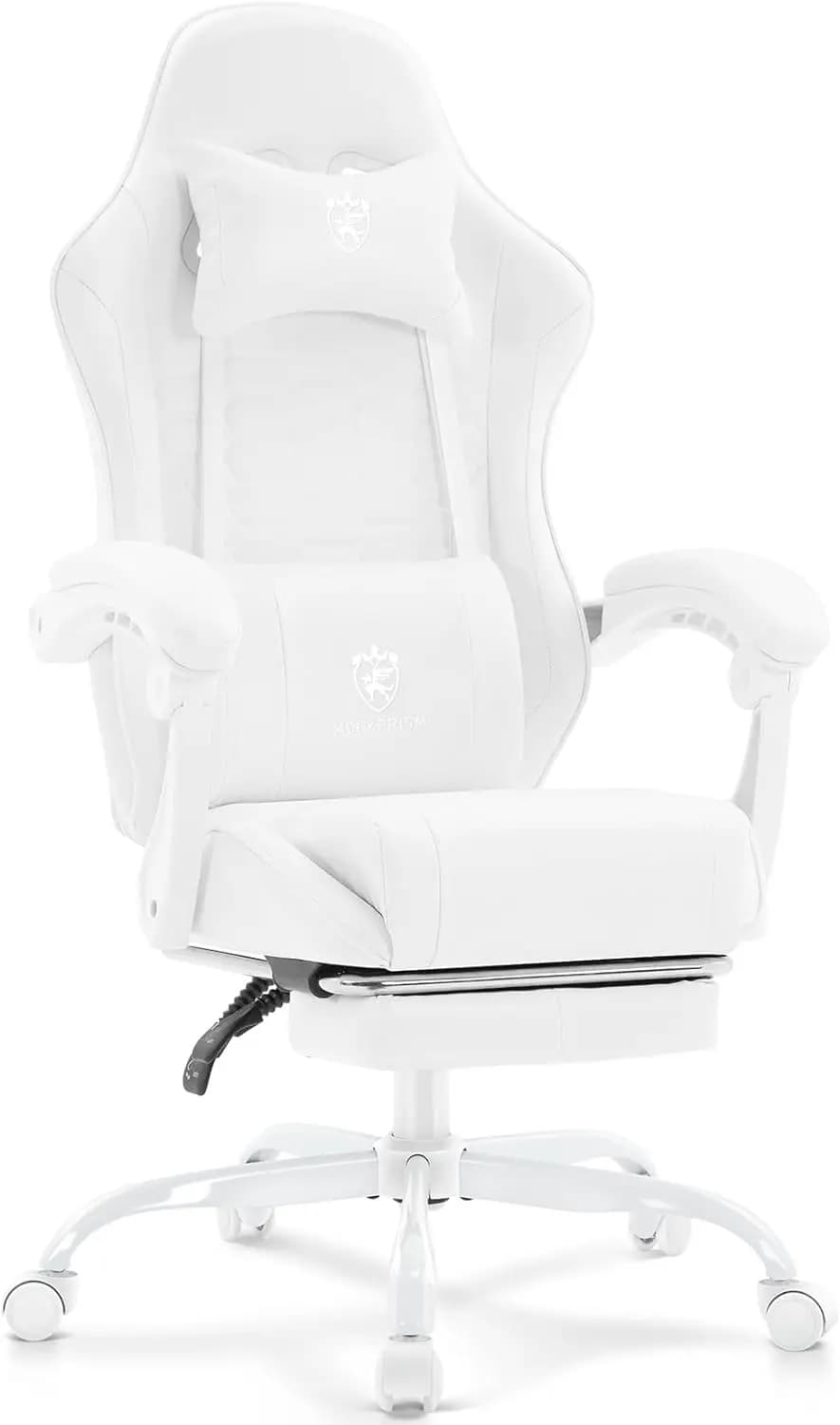 Sedia da gaming bianca con poggiapiedi, supporto lombare per massaggi, cuscino in gel, sedia da ufficio reclinabile in pelle regolabile