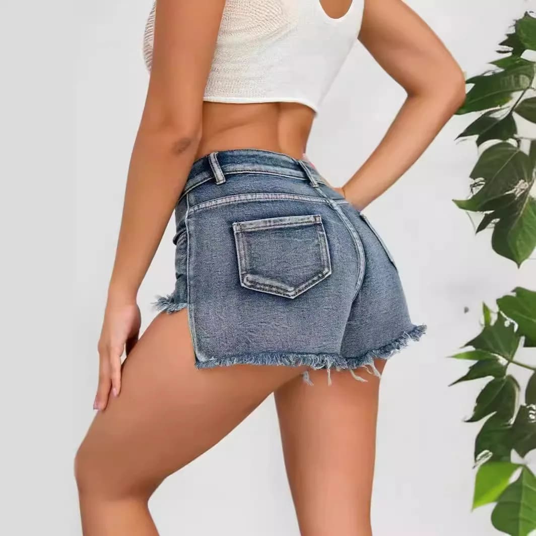 Shorts in Denim Stile Americano Sexy a Vita Alta, Aderenti con Orlo Irregolare, Nuova Collezione Estate 2024 per Donne