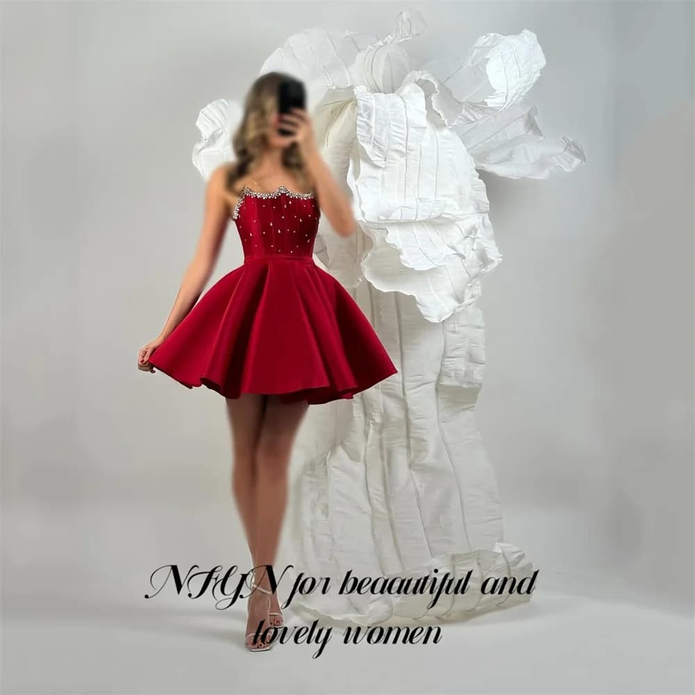 NFYN Abito da sera rosso Abiti da ballo senza maniche Mini abito formale da festa senza spalline con abito da ballo in cristallo per donna personalizzato