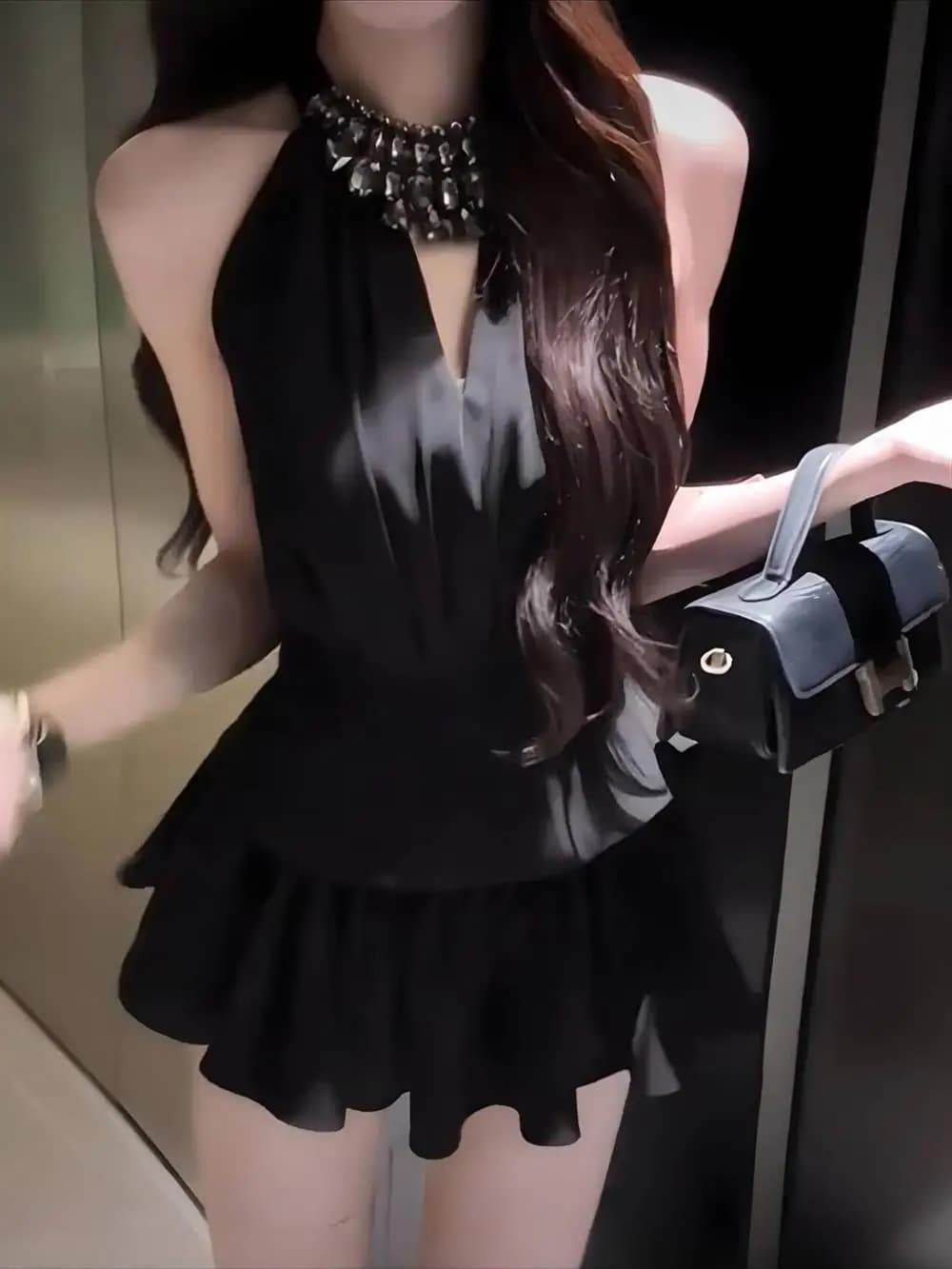 Pure Desire Sexy Black Diamond Hanging Neck Dress Women's Summer Hot Girl Top Waist Inward Half-length Short Skirt Two-piece Set