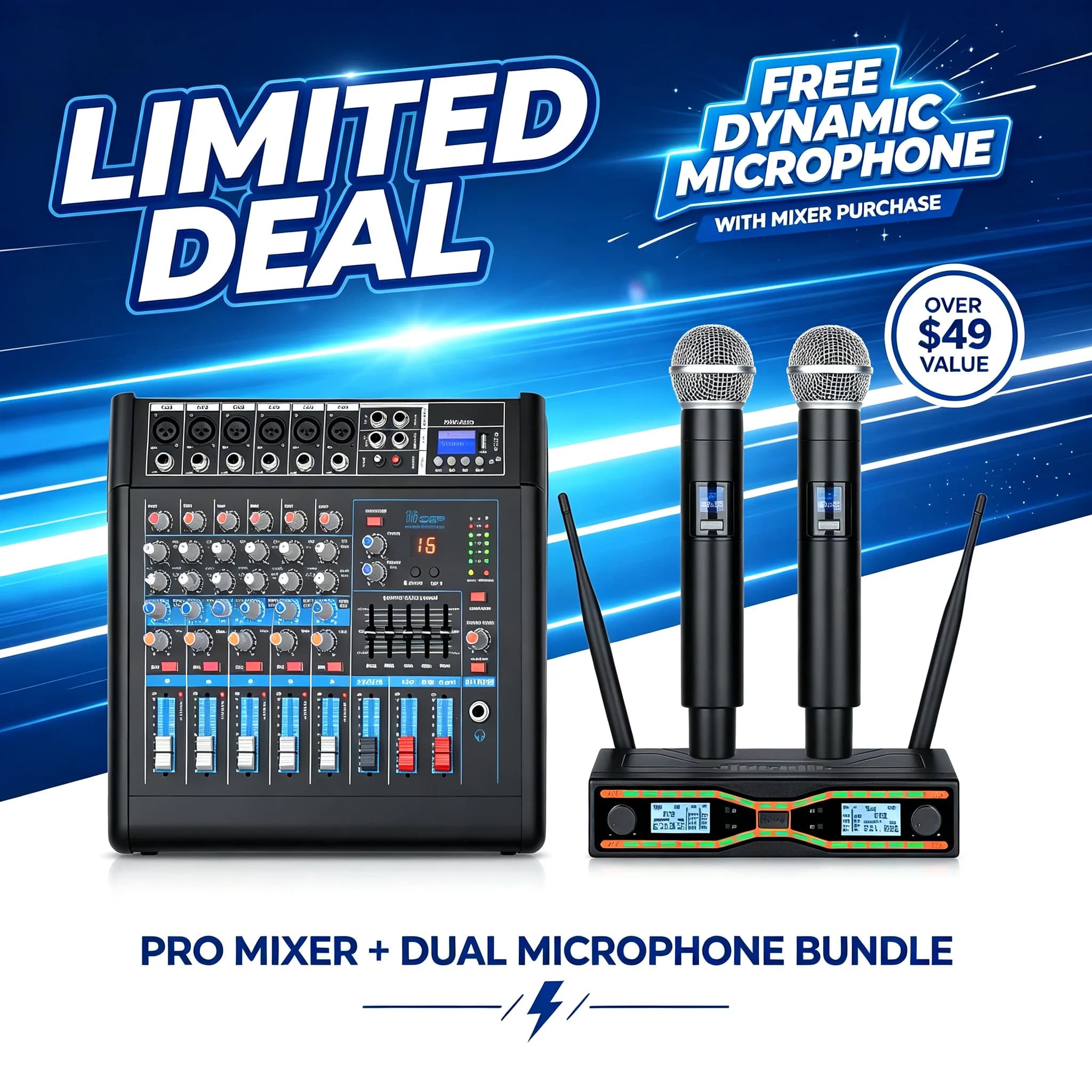 NXG 6-Channel 450W+450W Amplifier Mixer Set, Comes with 2 UHF Wireless Microphones, Perfect for Stage, Karaoke, and DJ Professional Audio Mixing Console. Black Friday/Halloween Promo Combo Set with Free Shipping.
