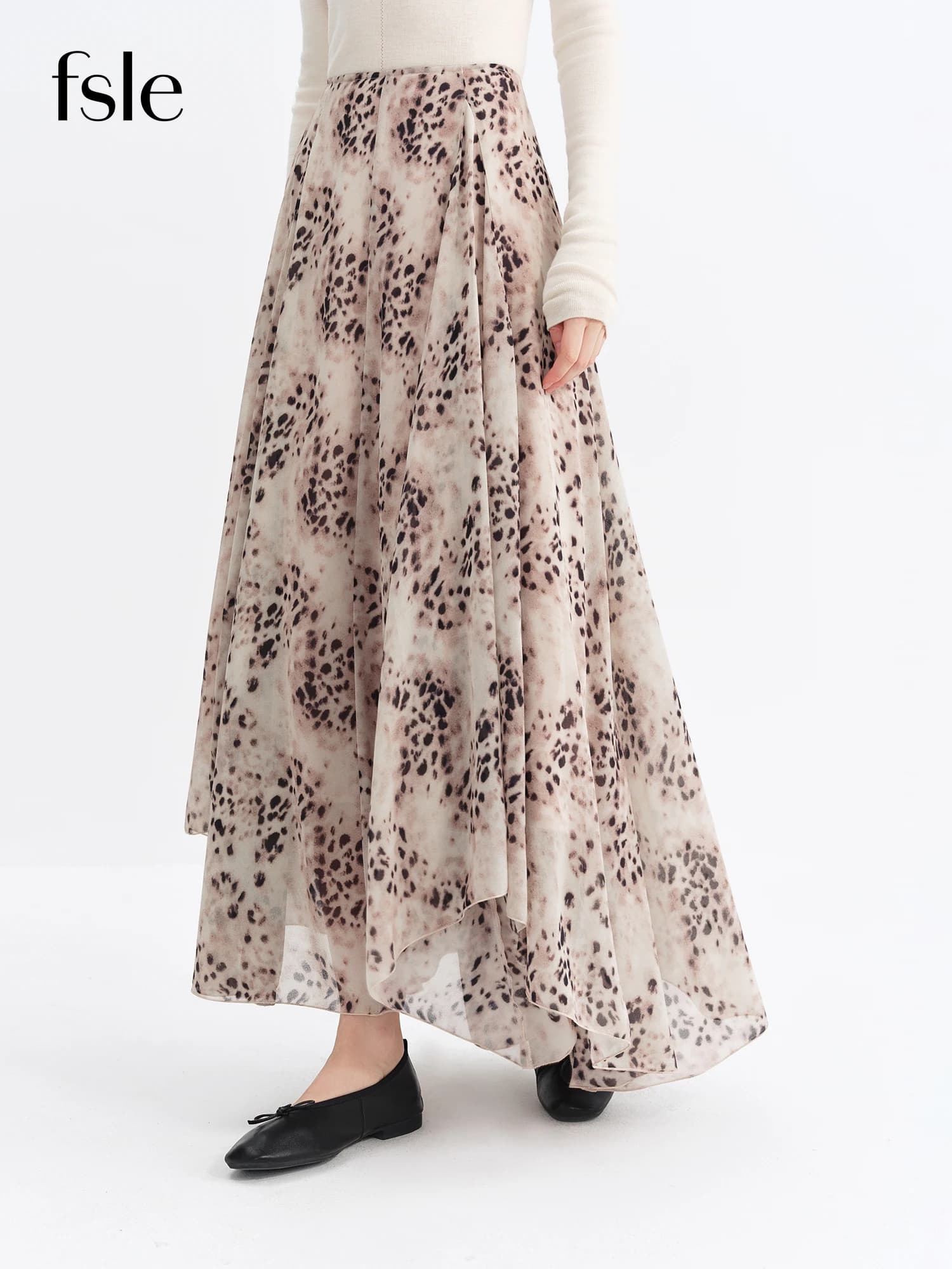 FSLE Vintage Leopard Print Asymmetrical Hem Women's Skirt Winter 2025 New Arrival Ankle Lenghth Long Skirts TourismLeisure Skirt