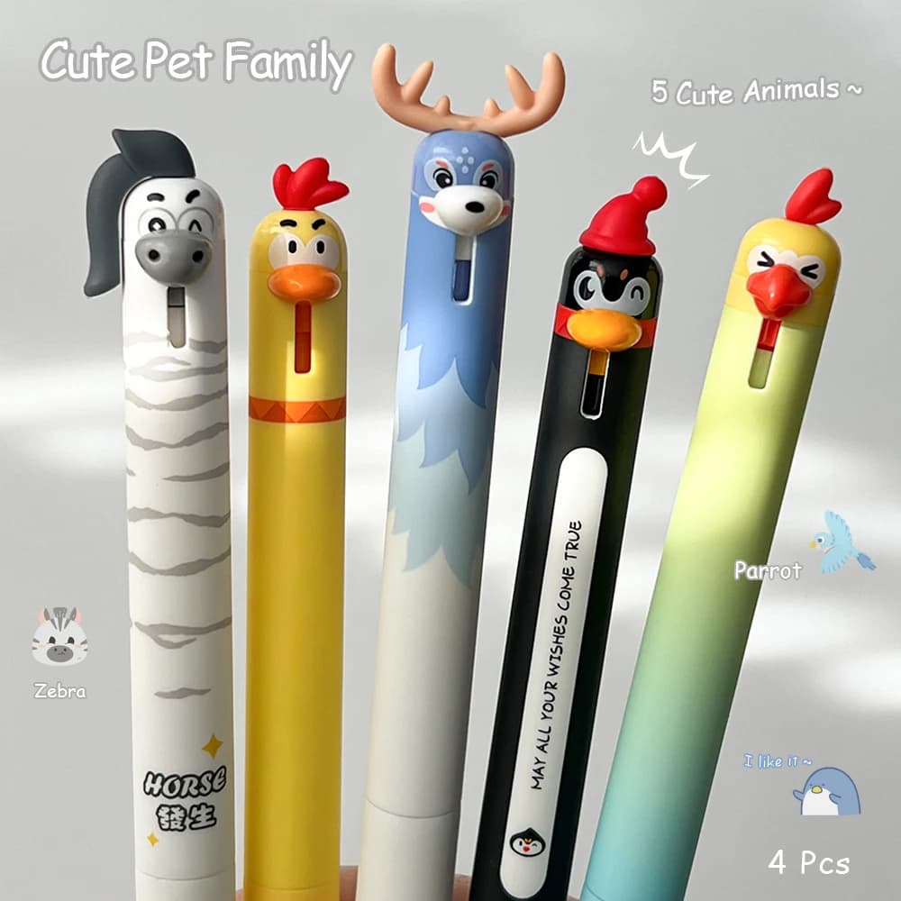 4 Pezzi Penna Gel Divertente Serie Animali Carini 0.5mm, Penna a Rapida Asciugatura con Pulcini e Pinguini, Stile Minimalista, Penna Nera