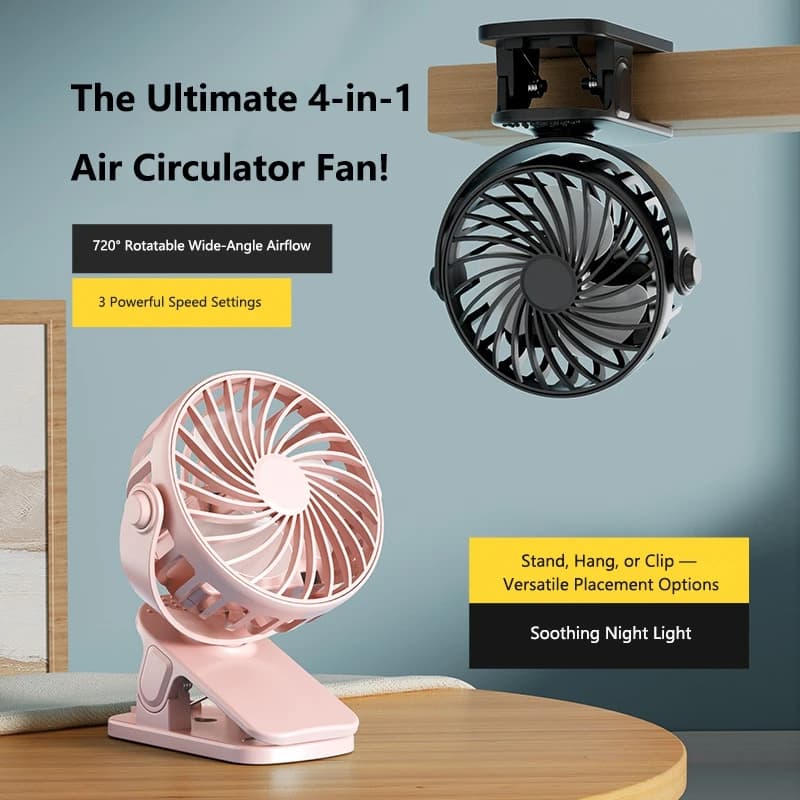 720°Rotatable Mini Clip Fan Portable Cooler Fan Built In Night Lamp USB Rechargeable Personal Fan For Outdoor Camping Ventilador